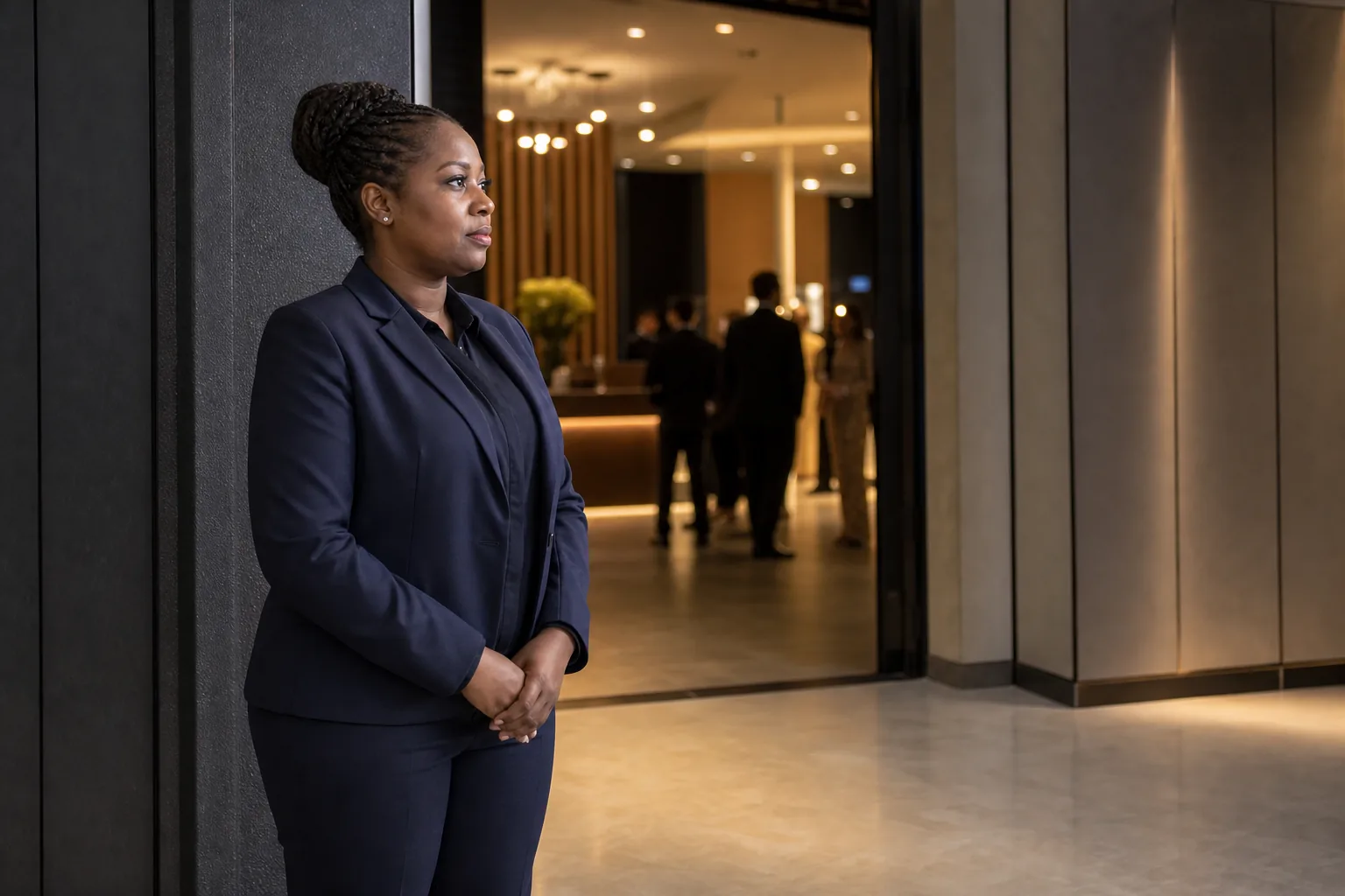 Security officer monitoring the entrance to a professional event