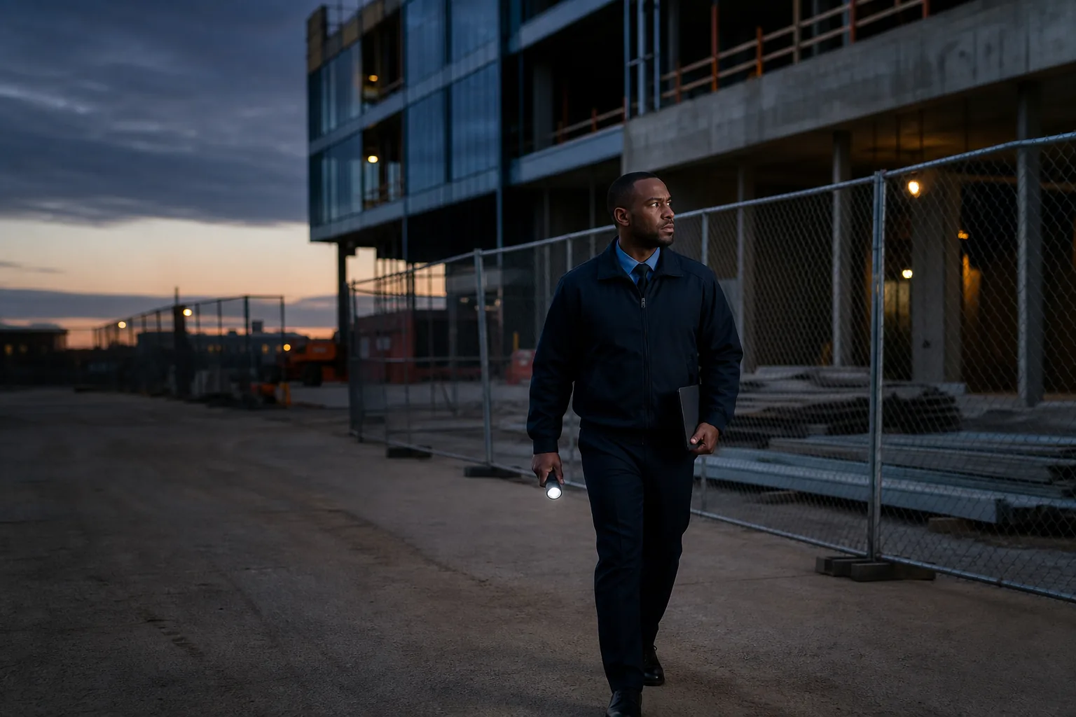 Contract security officer patrolling a commercial construction property at dawn